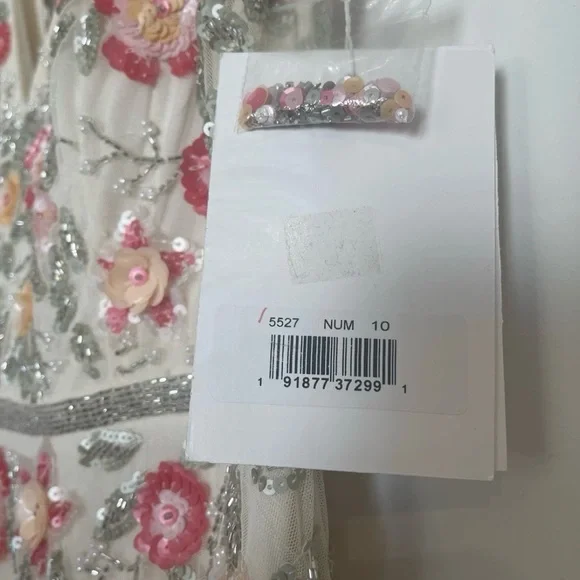 NWT Mac Duggal Cream Midi Dress with Pink & Green Floral Embroidery - Picture 11 of 11